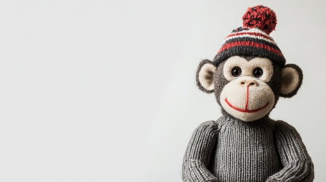 A sock monkey wearing a hat stands out against a white background, offering a playful and charming visual. This sock monkey image provides ample copy space for creative use.