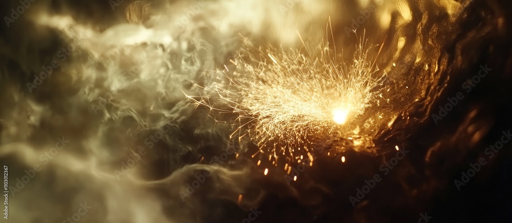 Poster Closeup macro shot of a blurred burning sparkler dispersing vibrant sparkles against a smoky background creating an enchanting atmosphere