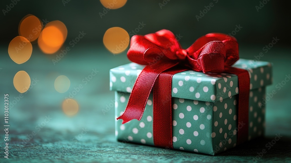 Poster light blue polka dot gift box with red ribbon set against a soft green background featuring warm bok