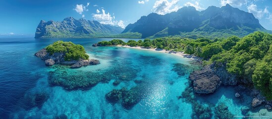 Turquoise lagoon surrounded by lush greenery and mountains under a bright blue sky in a tropical paradise setting