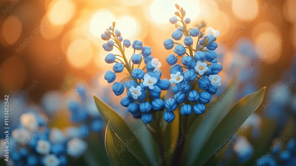 Poster Blue flowers illuminated by natural light with a soft bokeh background creating a serene and enchanting atmosphere.