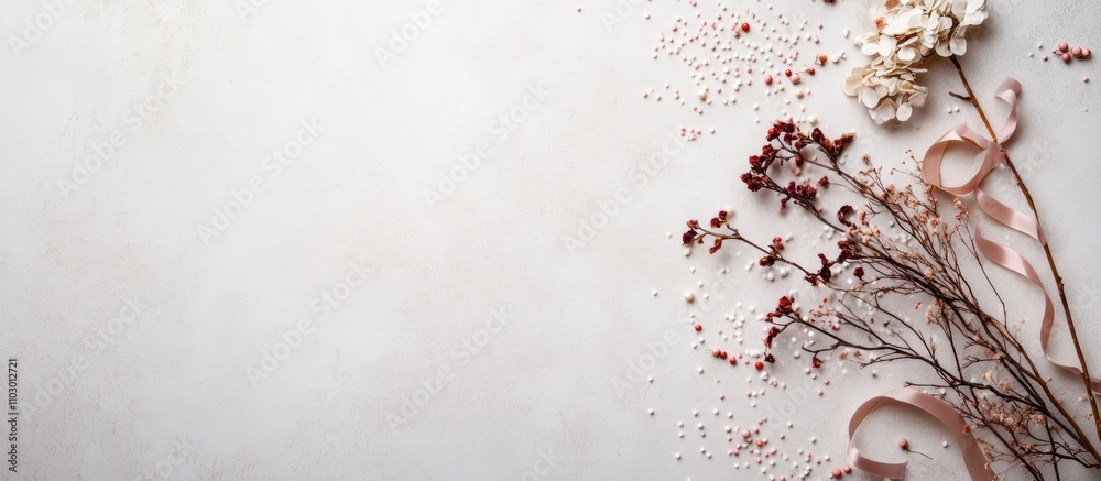 Poster dry flower branches ribbon and candy sprinkles on light gray background with copy space for seasonal