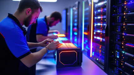 Fiber Optic High-Technology: Technicians Splicing Cables in Advanced Server Systems technician working on server in data center with colorful lights