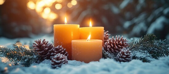 Warm festive candles surrounded by pine cones and snow create a cozy holiday atmosphere for Christmas and New Year celebrations.