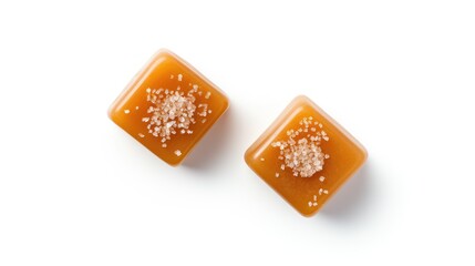 Salted caramel candy cubes drizzled with caramel sauce and sprinkled with sea salt on a clean white background viewed from above