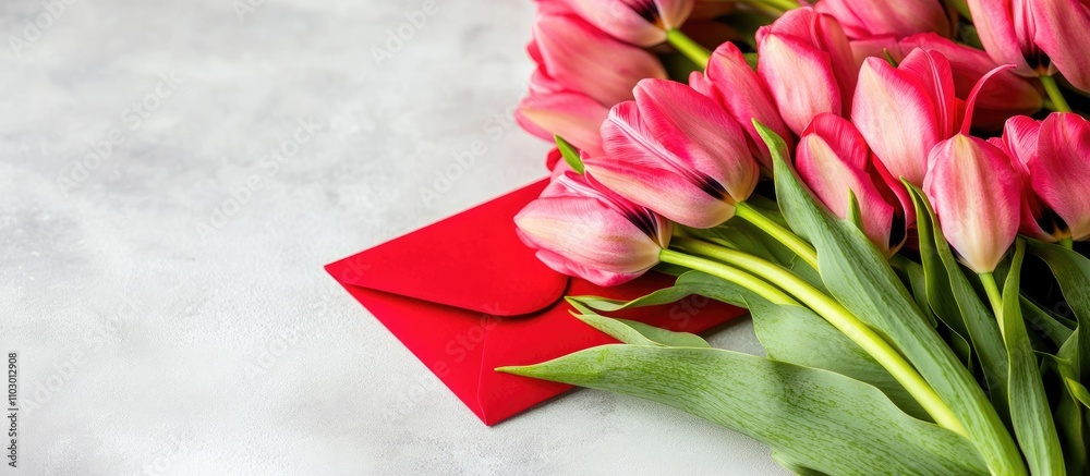 Aufkleber vibrant tulip flowers with a red envelope on a white table creating an elegant greeting card mockup 
