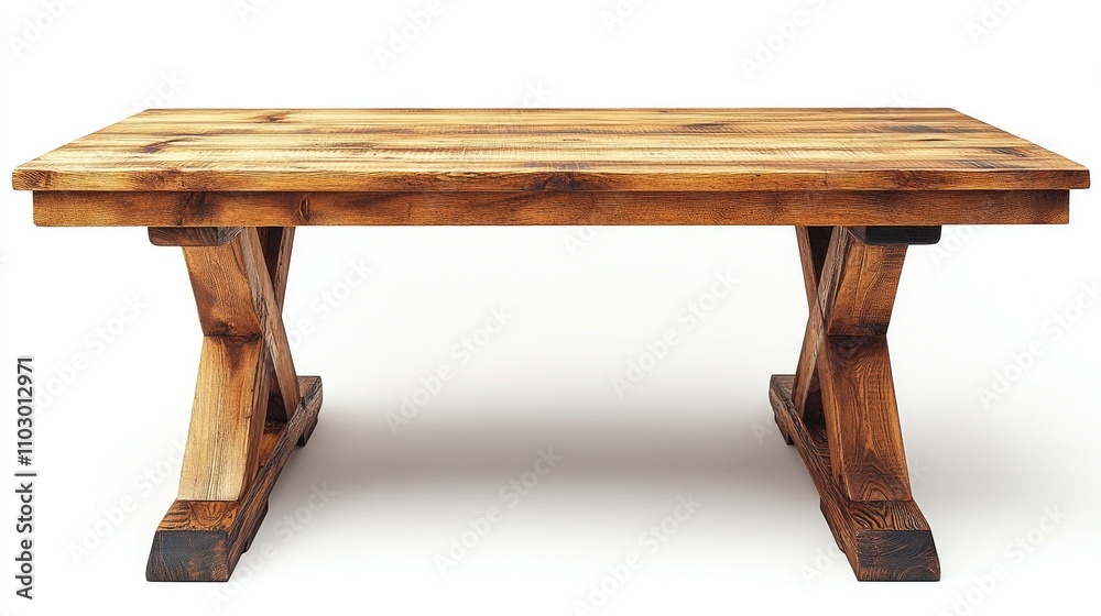 Poster Rustic wooden dining table with a natural finish set against a clean white background showcasing craftsmanship and simplicity in design