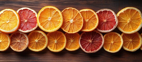 Dried citrus slices arranged in a row on a rustic wooden background showcasing vibrant colors and textures for culinary decor or design projects