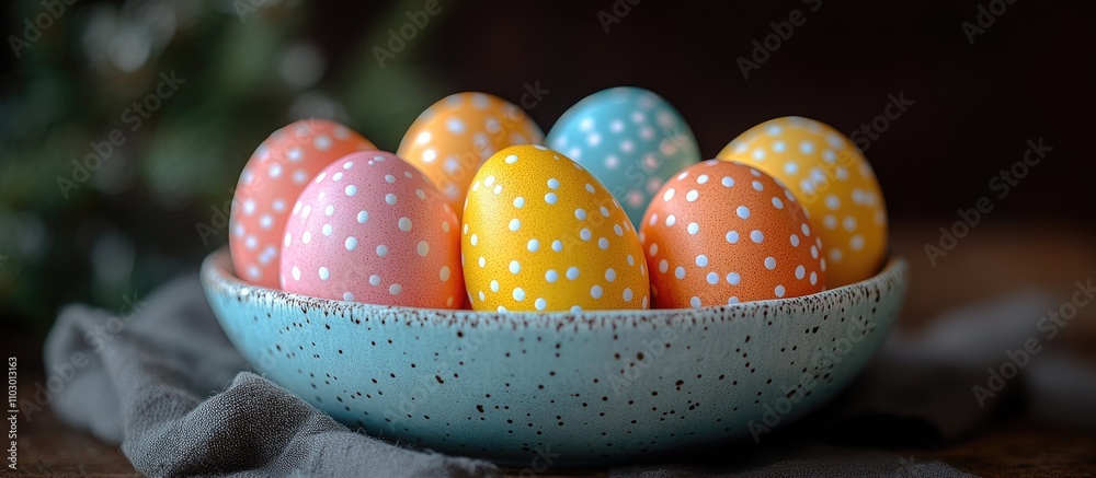 Aufkleber Vibrant Easter eggs in a retro dish with selective focus and shallow depth of field creating a festive spring atmosphere