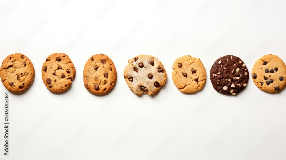 Poster variety of freshly baked cookies arranged in a row on a clean white background showcasing different 