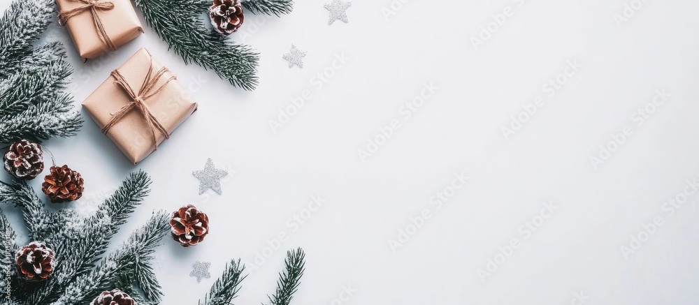 Poster elegant christmas and new year holiday backdrop with gift boxes pine cones and space for text in fla