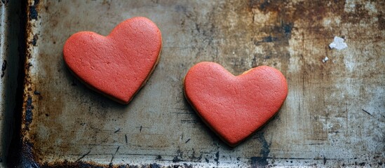 Obraz premium Heart-shaped sugar cookies on a weathered baking sheet symbolizing love and romance in a rustic kitchen setting