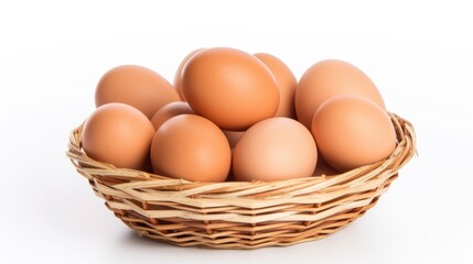 Freshly collected brown eggs in a woven basket set against a clean white background showcasing natural farm produce.