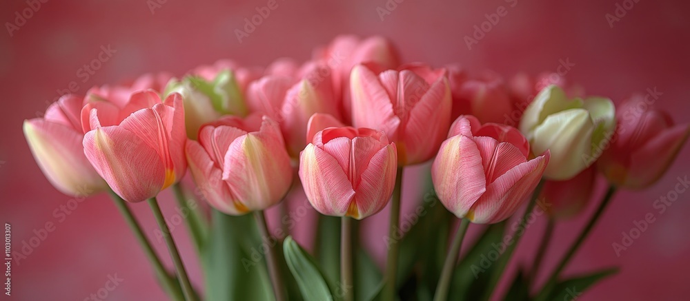 Poster Delicate bouquet of pink and green tulips on a soft pink backdrop with ample copy space for text or branding purposes