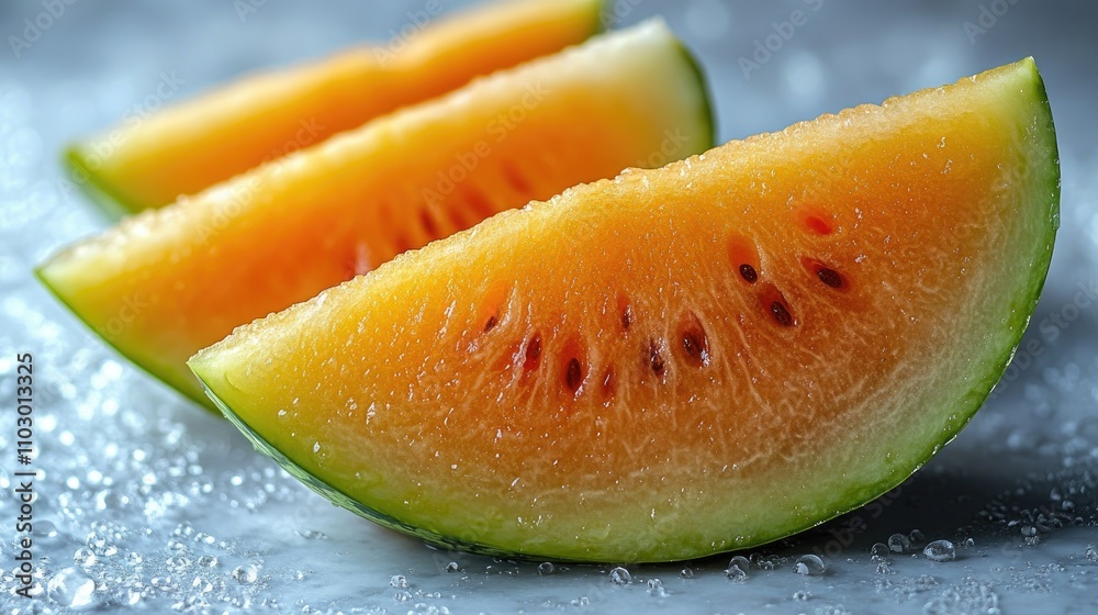 Poster Bright yellow watermelon slices displaying vibrant color and texture on a minimalist background showcasing freshness and summery vibes