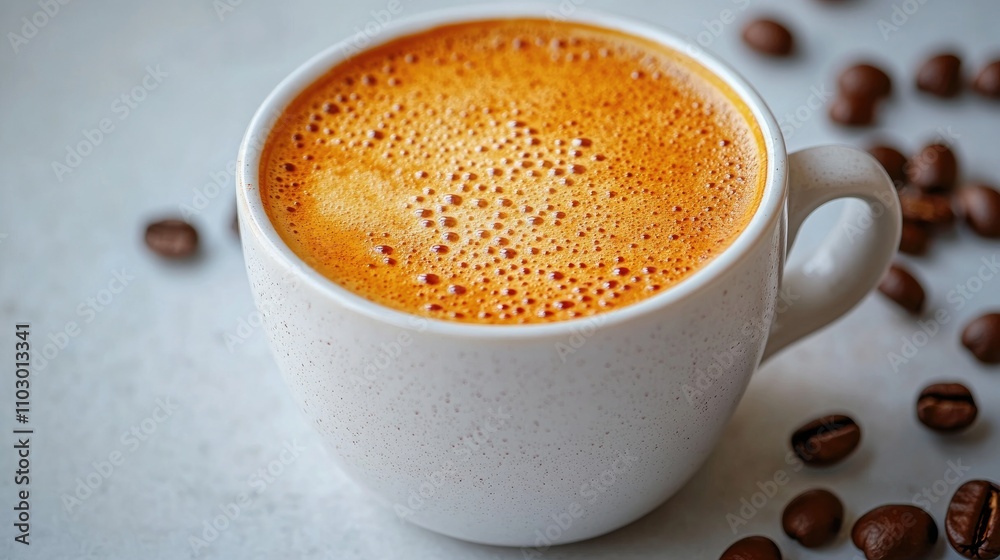 Poster coffee latte in white ceramic mug with frothy surface surrounded by coffee beans on light background