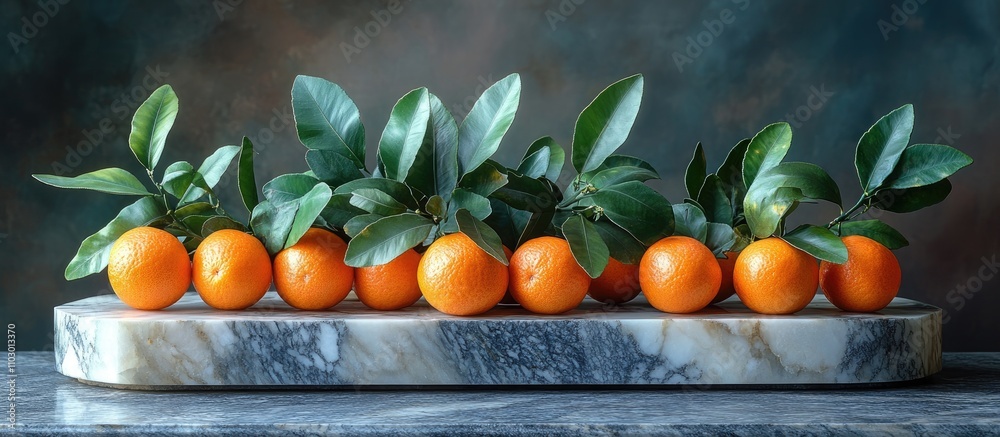 Poster eclaire with kumquats and fresh leaves displayed on a polished marble slab against a textured backgr