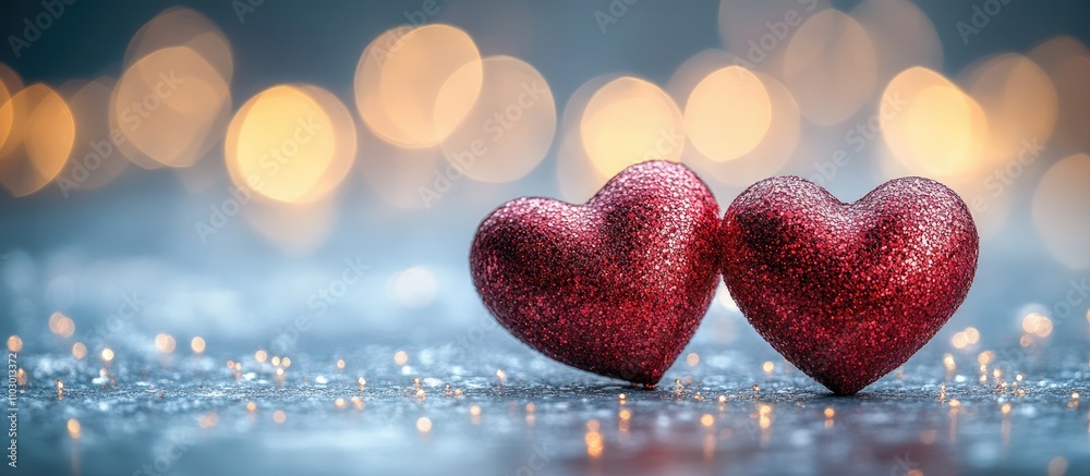 Poster Red glitter hearts on a white surface with soft bokeh lights creating a romantic atmosphere for Valentine's Day or love-themed concepts