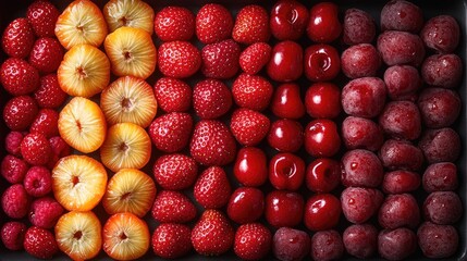 Top view of assorted square shaped cherries and strawberries arranged aesthetically vibrant fresh fruit healthy vegetarian cuisine