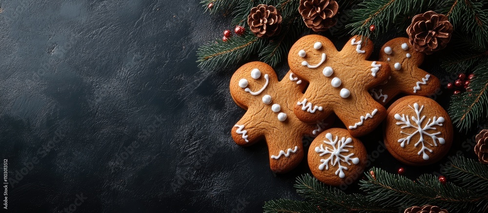 Poster gingerbread cookies decorated for christmas with spruce branches and pine cones on a dark background