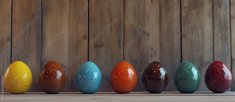 Poster colorful easter eggs displayed in a row against a rustic wooden wall creating a festive and vibrant 