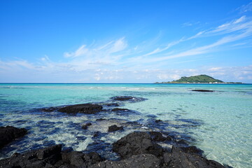 Fototapeta premium clear shoaling beach and mossy rocks in the sea 