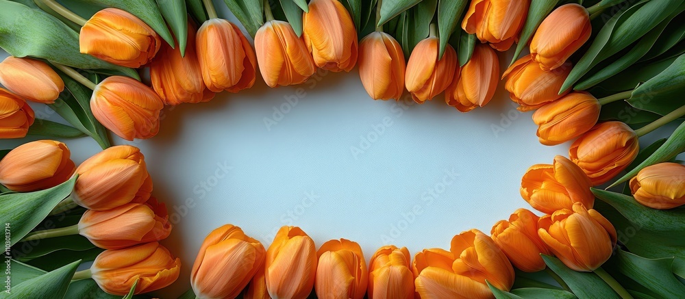 Poster vibrant orange tulips arranged in a decorative frame on a soft blue background creating a stunning f