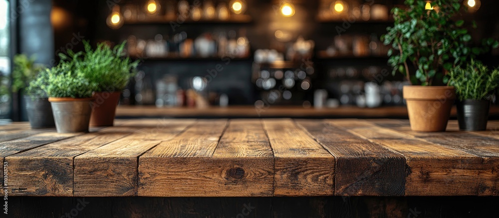 Poster Rustic wooden table in a cozy cafe setting with a blurred backdrop and greenery accents creating a warm inviting atmosphere