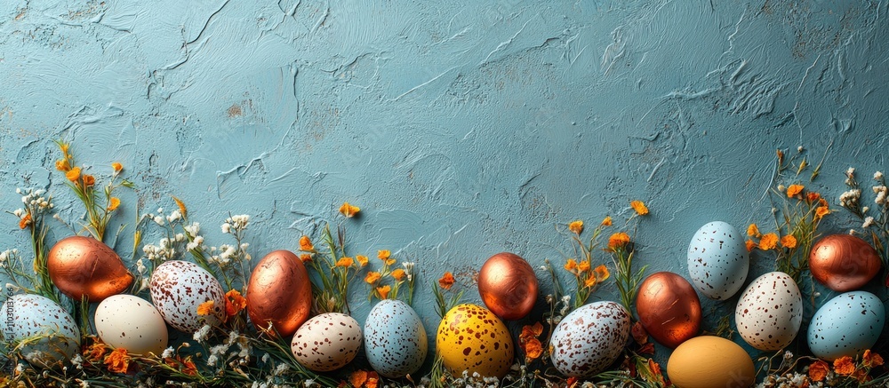 Poster easter themed border with painted copper and quail eggs surrounded by flowers on a textured blue bac