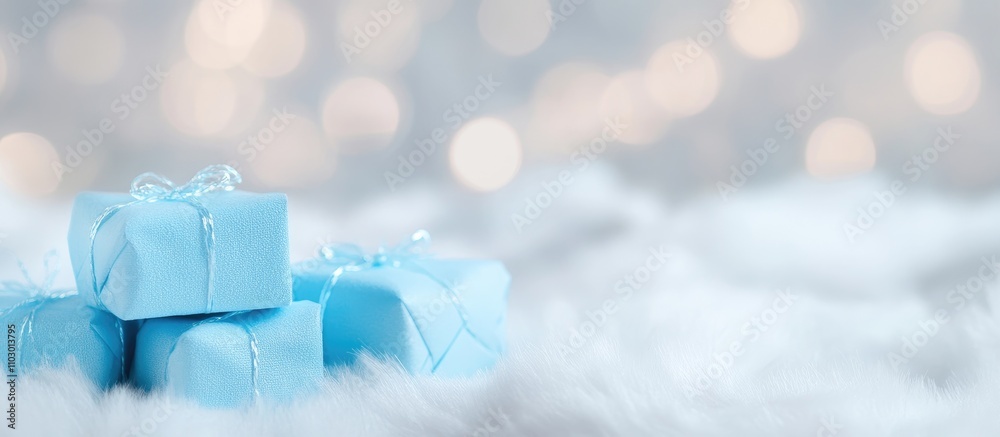 Poster blue gift boxes on soft white fur with a dreamy bokeh background creating ideal copy space for holid