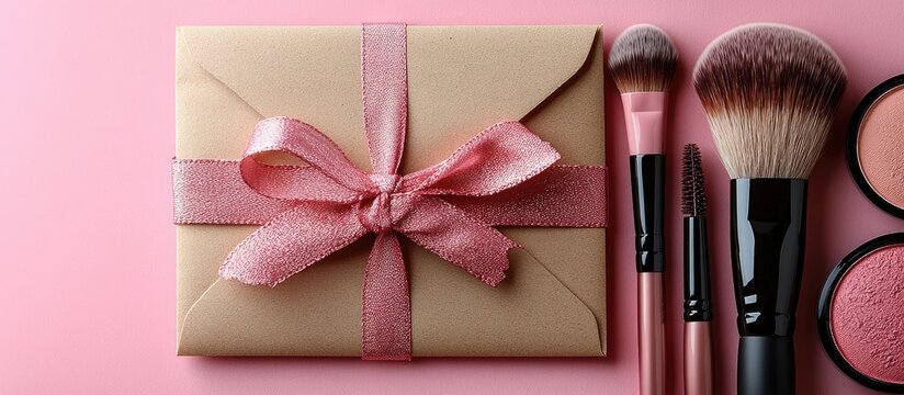 Gift coupon for cosmetics in a decorative envelope with bow alongside makeup brushes and blushers on a pink background