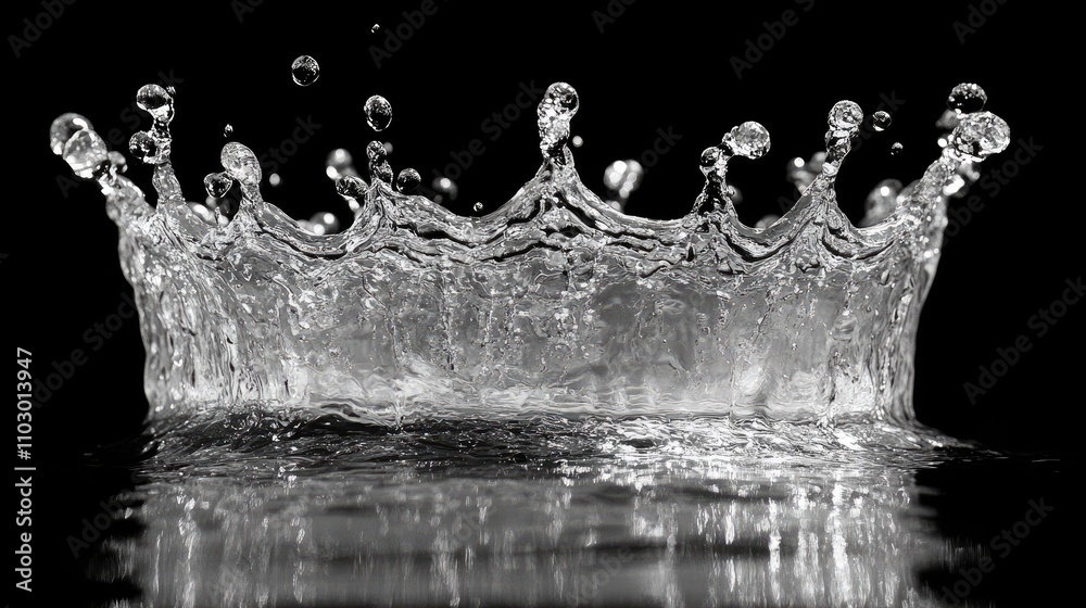 Poster crown shaped water splash on a reflective surface isolated on black background showcasing dynamic mo