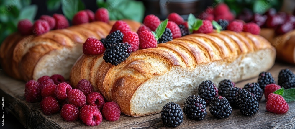 Aufkleber rustic bread filled with cream cheese and topped with fresh blackberries and raspberries on a wooden