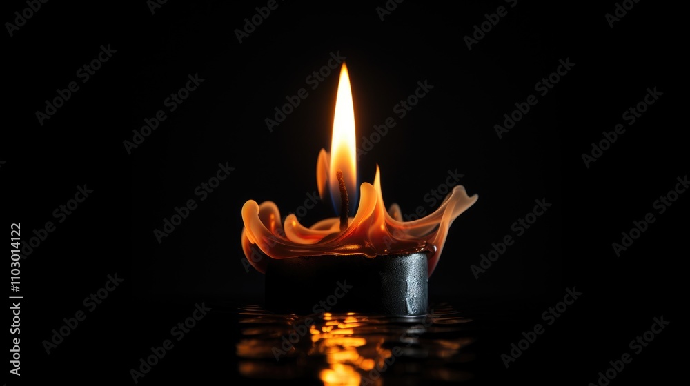 Aufkleber Candle flame illuminating darkness with reflective water surface creating a serene and tranquil ambiance in a dim setting.