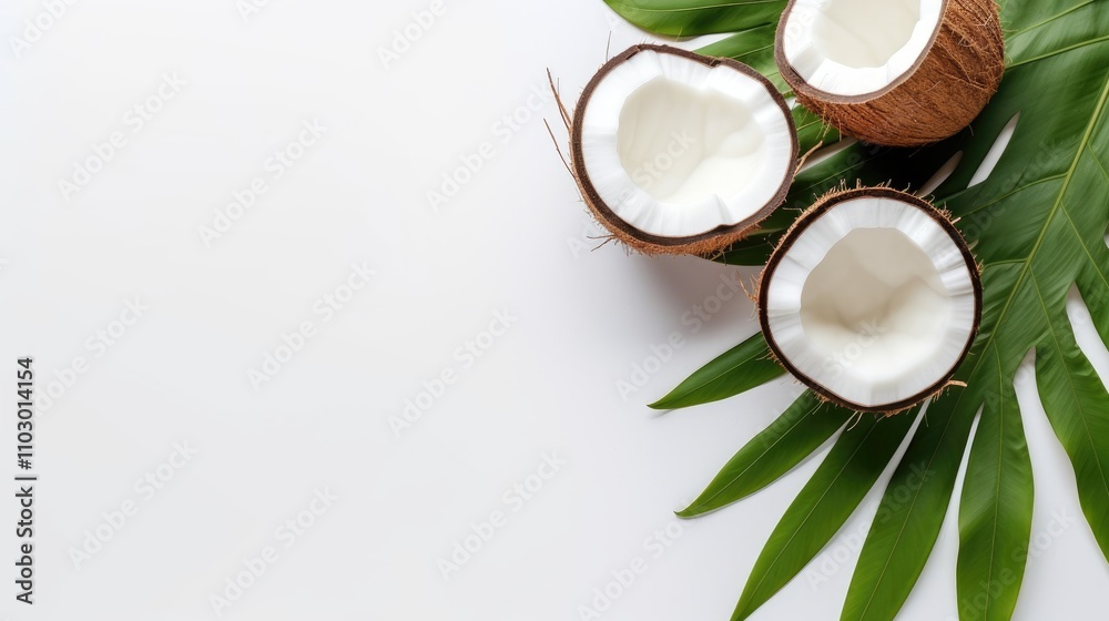 Poster fresh whole and half coconuts on green tropical leaves over light gray background minimalist summer 