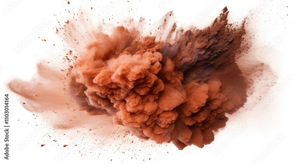 Poster brown powder explosion creating a vibrant color cloud and dust bursts against a white background sho