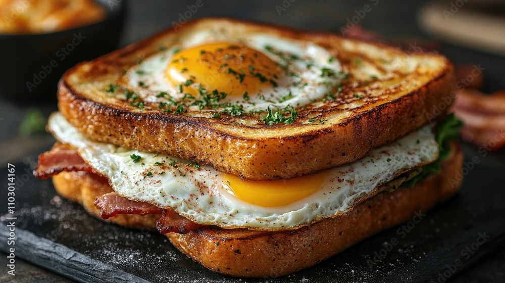 Aufkleber delicious french toast stacked with sunny side up eggs crispy bacon and fresh herbs on a rustic serv