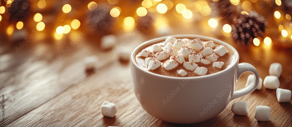 Poster cozy cup of hot chocolate topped with marshmallows surrounded by warm light bokeh creating a festive