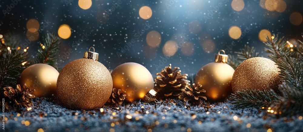 Poster vintage christmas backdrop with golden ornaments and pinecones adorned with sparkling lights and sof
