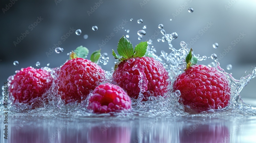 Poster Raspberries creating a splash in water isolated on a white background showcasing freshness and vibrant colors in a dynamic scene