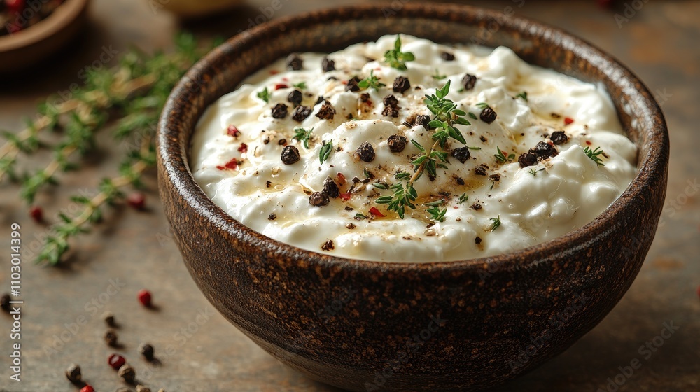 Poster fresh sour cream dip with herbs served in a rustic ceramic bowl on a textured background for culinar