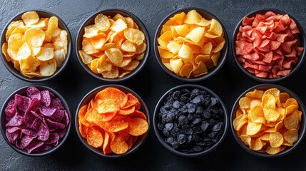 Assorted flavor potato chips in bowls on a dark background top view variety of snacks ready for sharing or serving at parties