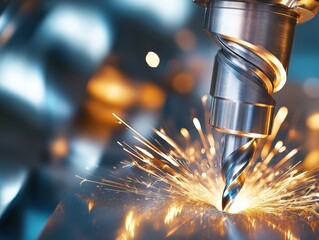Shiny metal drill bit cutting steel with sparks in industrial engineering close-up.