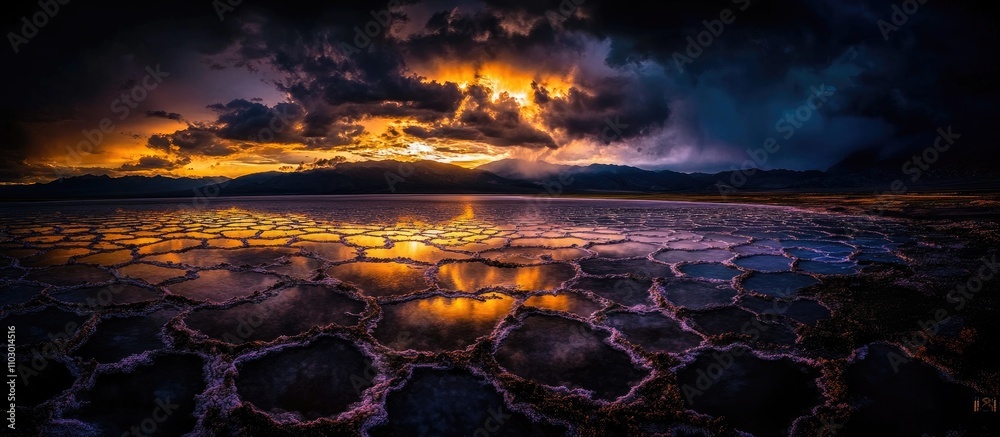 Poster aerial view of a dramatic salt lake landscape at sunset showcasing surreal colors and textures in a 