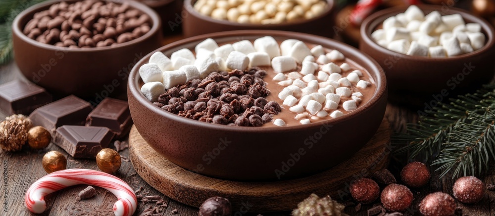 Aufkleber hot chocolate station with assorted toppings including marshmallows and candy canes arranged on a wo