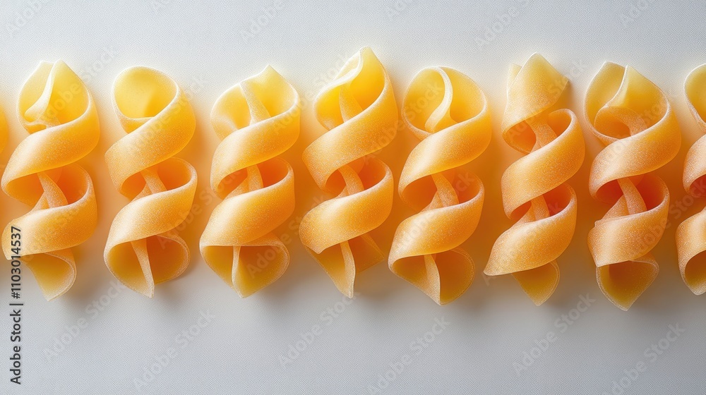 Poster spiral shaped dry pasta arranged neatly on a white background showcasing the texture and quality of 