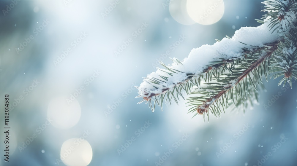 Poster Fir tree branch adorned with fresh snow in a soft focus winter background creating a serene and tranquil seasonal atmosphere