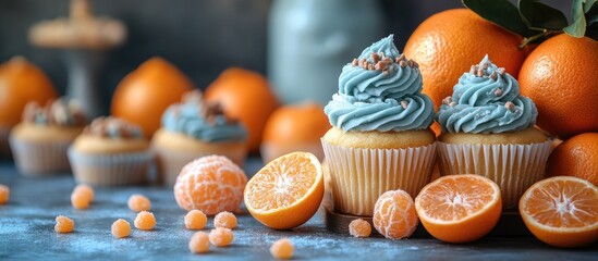 Delicious tangerine cupcakes and cookies beautifully arranged on a rustic table surrounded by fresh tangerines and colorful sugar snacks