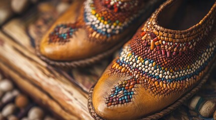 Close-up of handcrafted leather shoes adorned with vibrant colorful beads, resting on an antique wooden surface.