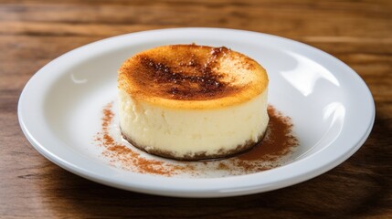 Basque Burnt Cheesecake elegantly served on a white plate with a dusting of cocoa on a rustic wooden background